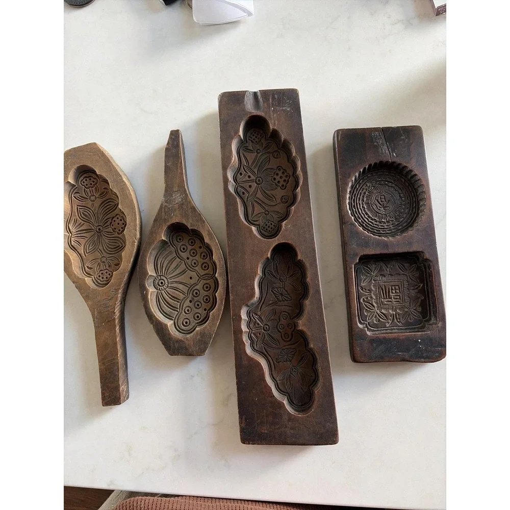 VTG/antique Chinese/Japanese Hand Carved Wooden Mooncake Rice Cake Molds Set 4